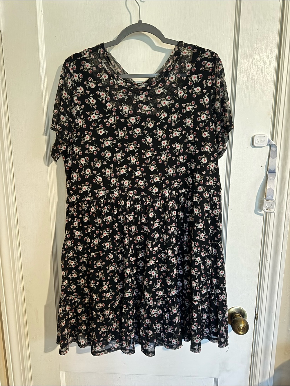 Black Ditsy Floral Short Sleeve Tiered Mini Skater Dress
